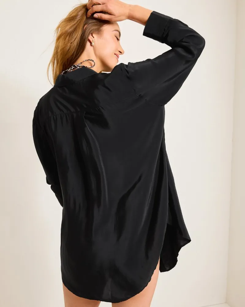 Tommy Bahama Calypso Crepe Boyfriend Beach Shirt Black Outlet