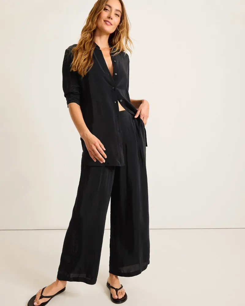 Tommy Bahama Calypso Crepe Boyfriend Beach Shirt Black Outlet