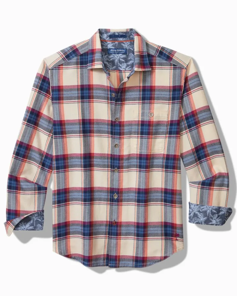 Tommy Bahama Canyon Beach Window Pane Stretch Flannel Shirt Bleached Sand New