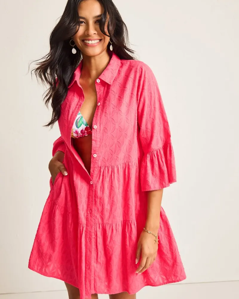 Tommy Bahama Cotton Clip Jacquard Coverup Shirt Dress Coral Coast Sale