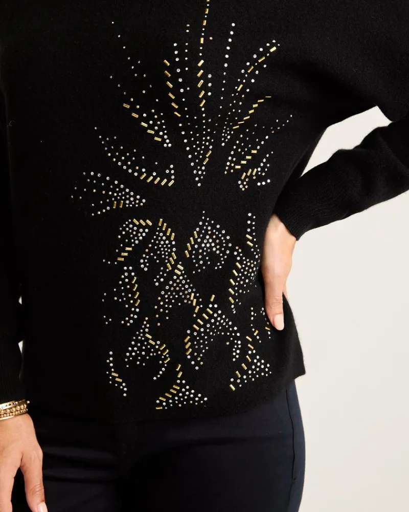 Tommy Bahama Embellished Pineapple Cashmere-Blend Sweater Black Hot