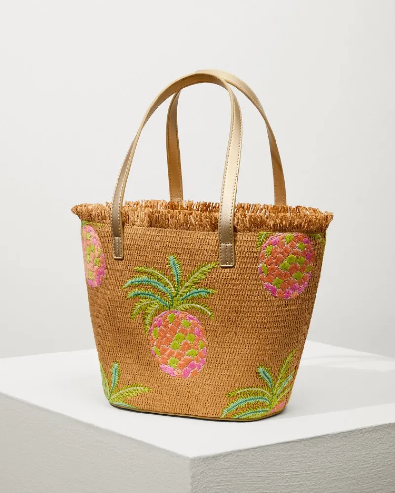 Tommy Bahama Flamingo Pineapple Straw Tote Natural Pink