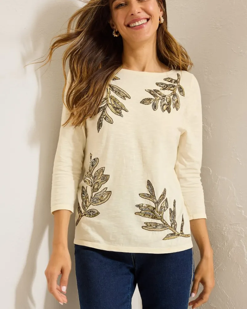 Tommy Bahama Forever Fronds Embellished Lux 3/4-Sleeve T-Shirt Coconut Online