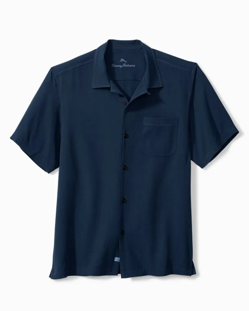 Tommy Bahama Hawaiian Herringbone Silk Camp Shirt Navy Hot