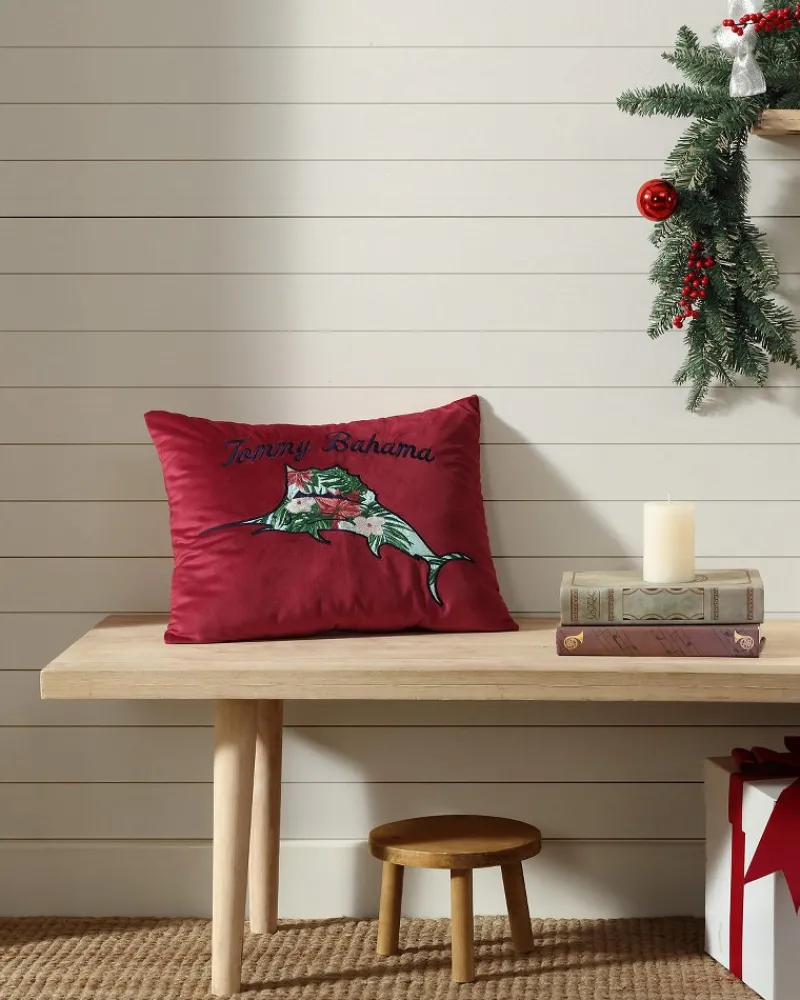 Tommy Bahama Holiday Marlin Velvet Embroide Decorative Pillow Red Discount