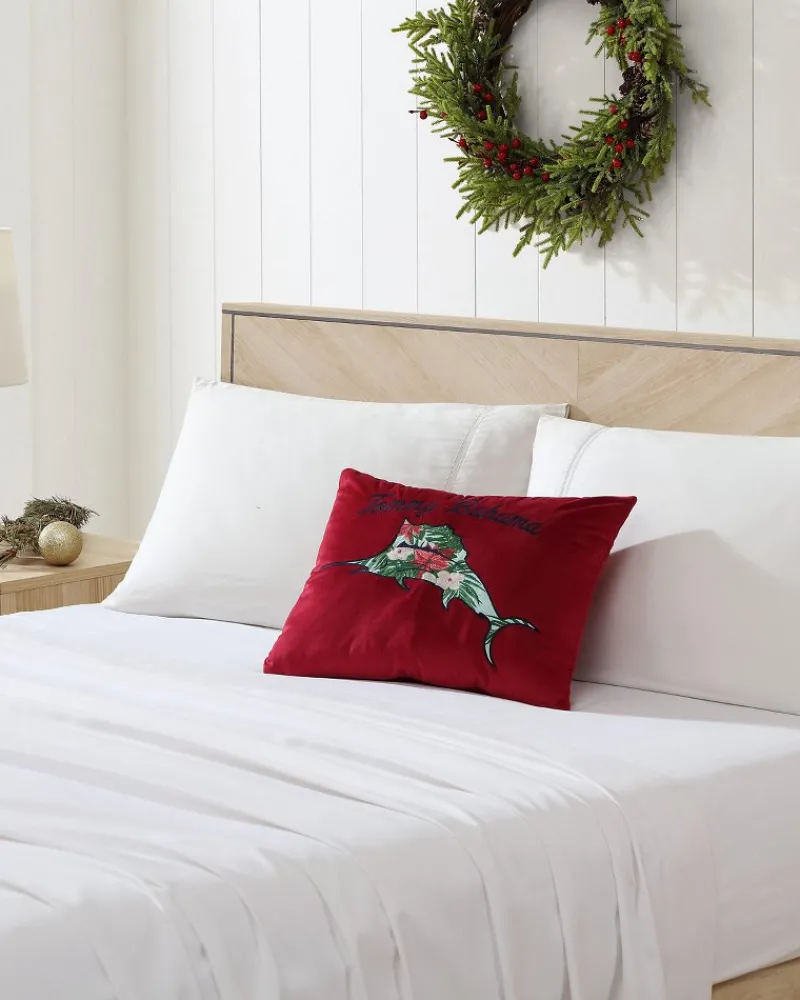 Tommy Bahama Holiday Marlin Velvet Embroide Decorative Pillow Red Discount