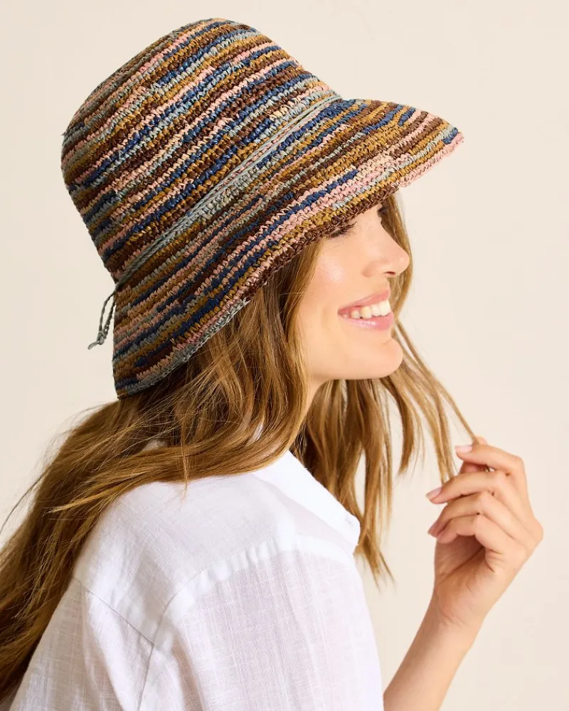 Tommy Bahama Iris Raffia Bucket Hat Mixed Brown New