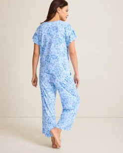 Tommy Bahama Jersey Short Sleeve & Cropped Pants Pajama Set Big Sky Blue Best