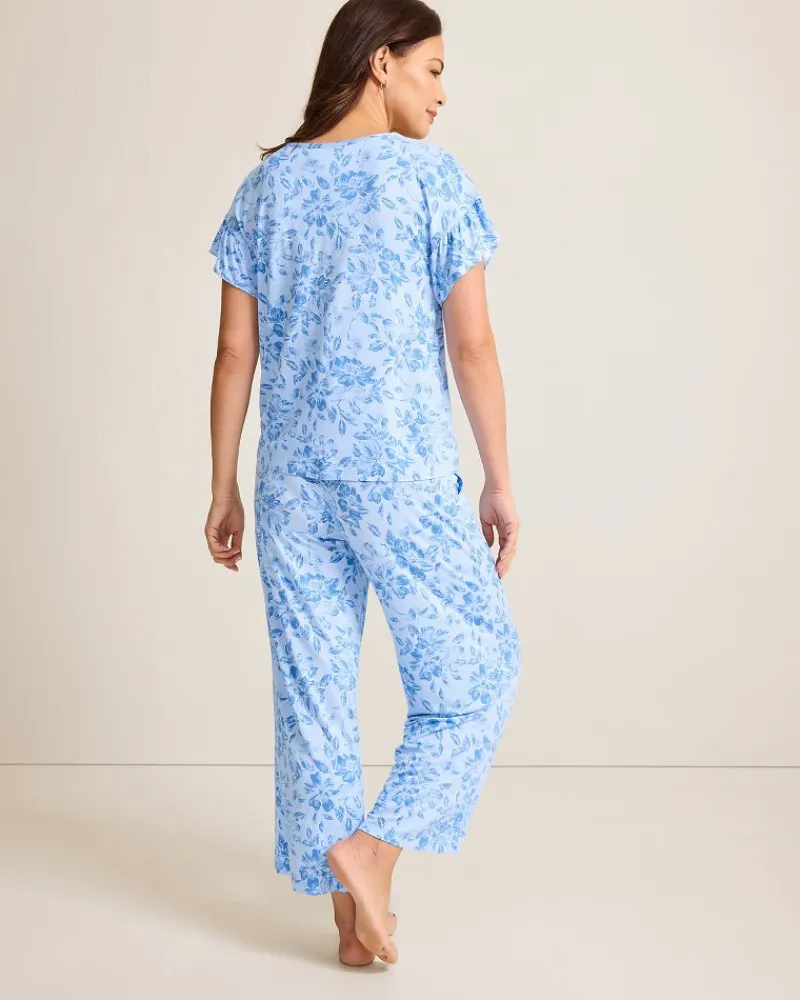 Tommy Bahama Jersey Short Sleeve & Cropped Pants Pajama Set Big Sky Blue Best