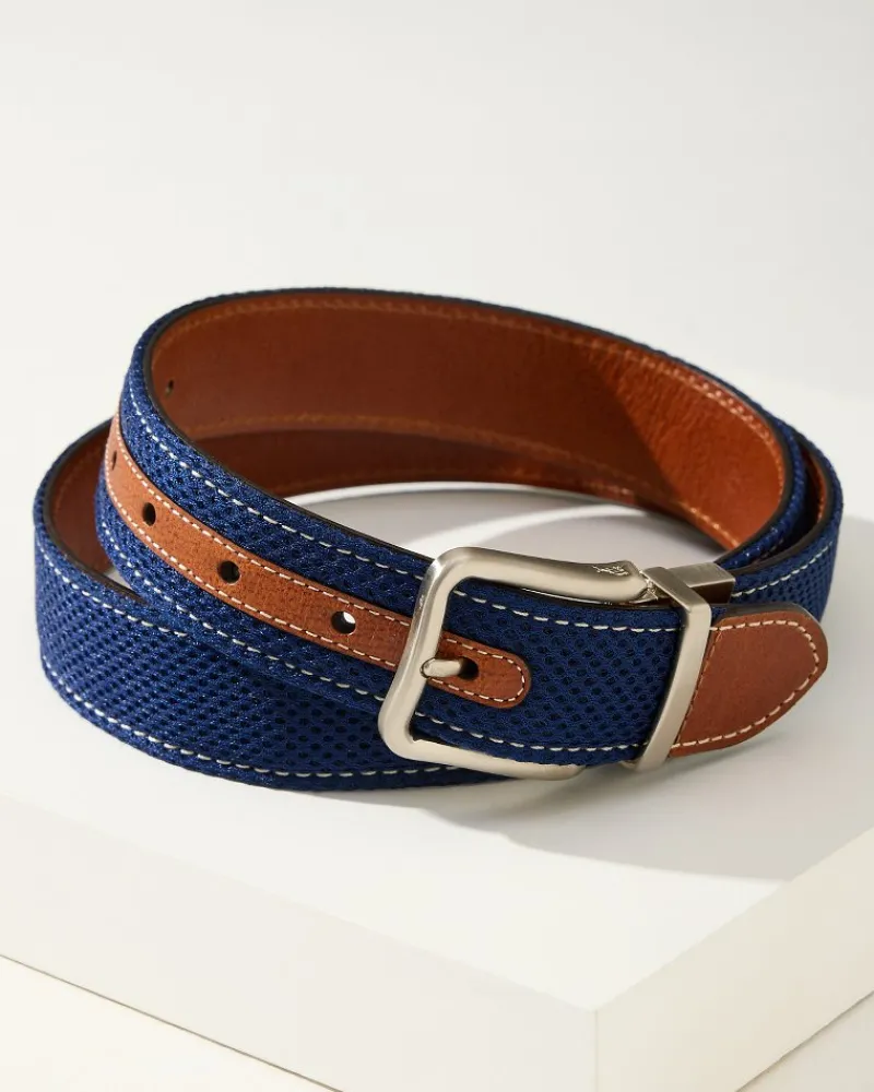 Tommy Bahama Leather Mesh Reversible Performance Belt Navy/Tan Discount