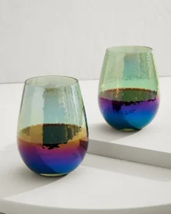Tommy Bahama Luster Stemless Wine Glasses — Set of 2 Light Blue New