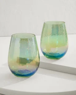 Tommy Bahama Luster Stemless Wine Glasses — Set of 2 Light Blue New