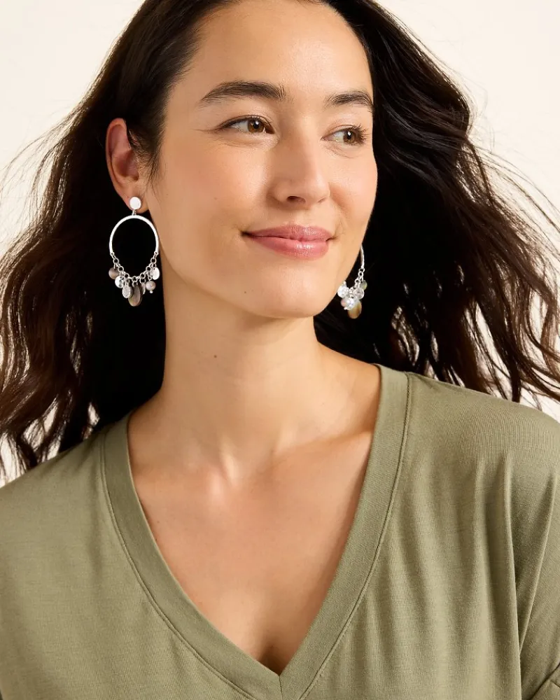 Tommy Bahama Marco Island Shell and Mother of Pearl Drop Hoop Earrings Silver New
