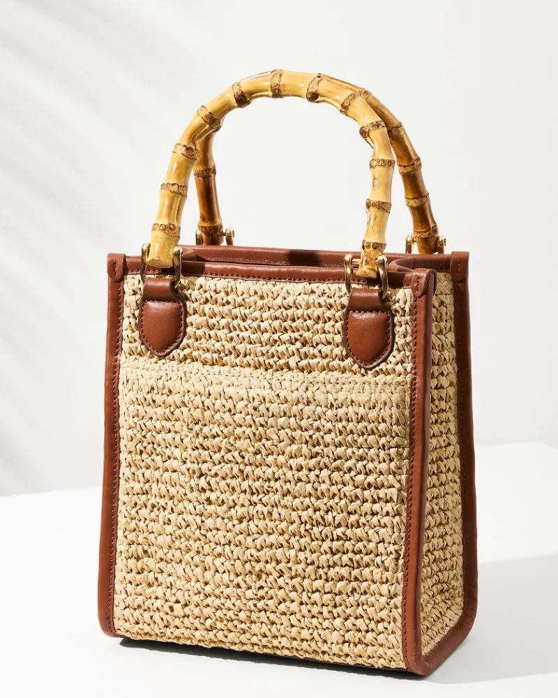 Tommy Bahama Raffia & Leather Bamboo Mini Tote Tan