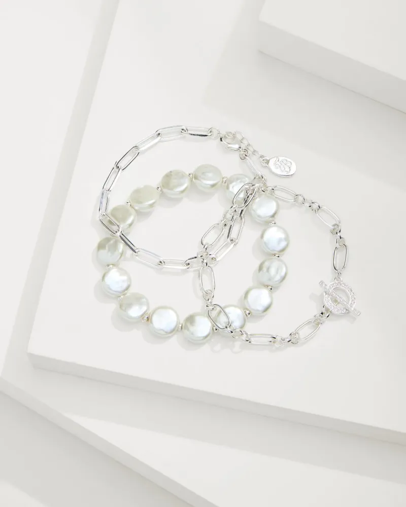 Tommy Bahama Sanibel Island Link & Pearl Bracelet Set Silver Online
