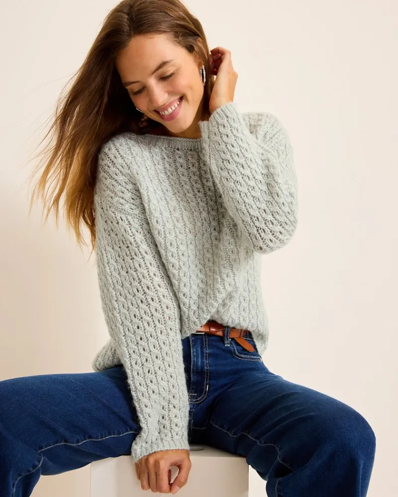 Tommy Bahama Shimmer Cable Boat-Neck Sweater Metallic Silver New