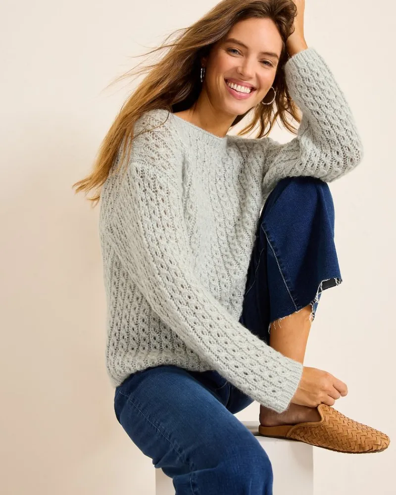 Tommy Bahama Shimmer Cable Boat-Neck Sweater Metallic Silver New