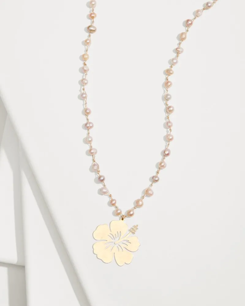 Tommy Bahama Tropical Blooms Hibiscus Pendant Pearl Necklace Pink New
