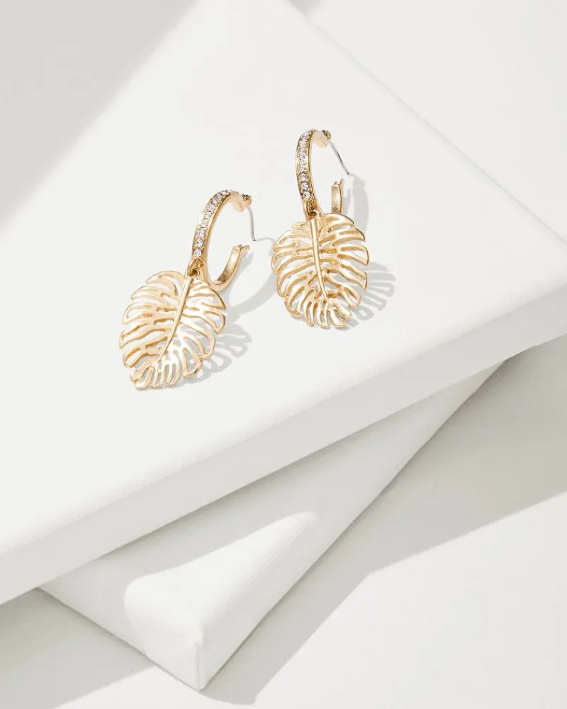 Tommy Bahama Tropical Blooms Pave Monstera Drop Hoop Earrings Gold Discount