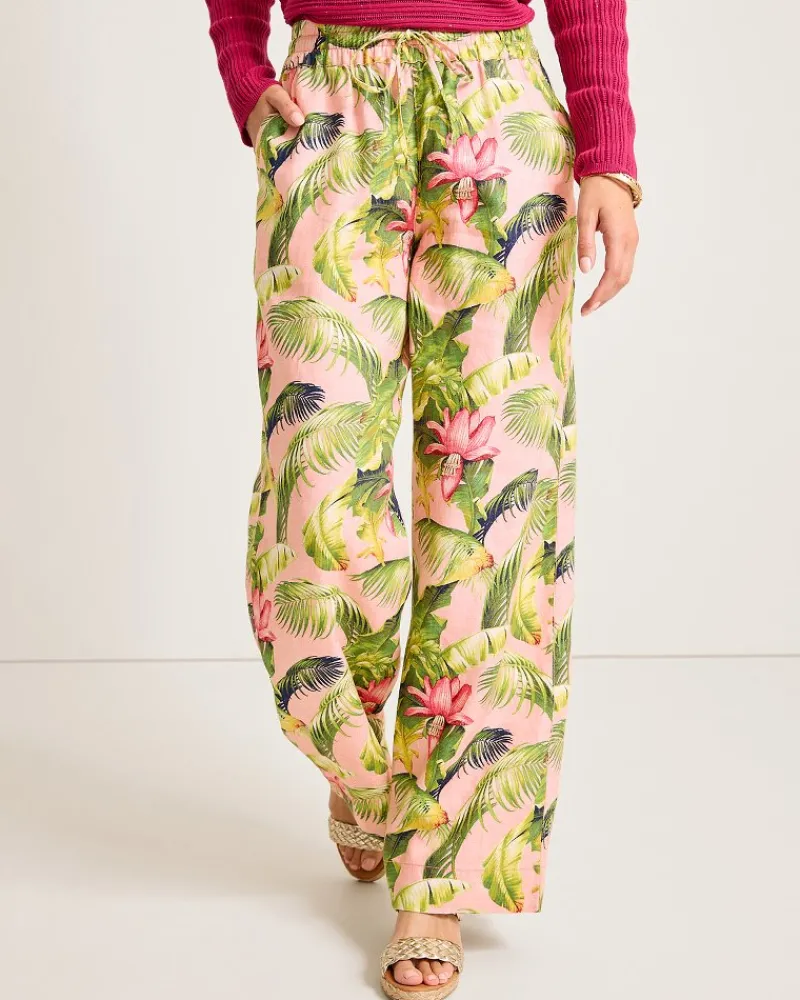 Tommy Bahama Two Palms Frond Royal High-Rise Linen Easy Pants Coral Haze New