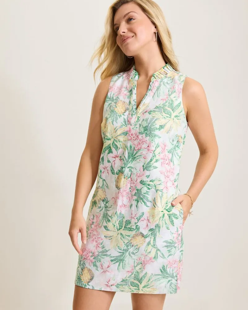 Tommy Bahama Two Palms Orchid Oasis Linen Shift Dress Summer Grey Clearance