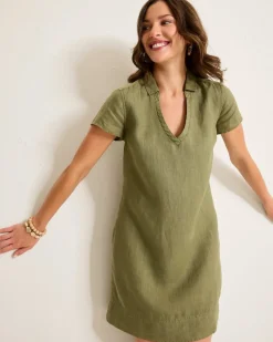 Tommy Bahama Two Palms Short-Sleeve Linen Collared Dress Tea Leaf New