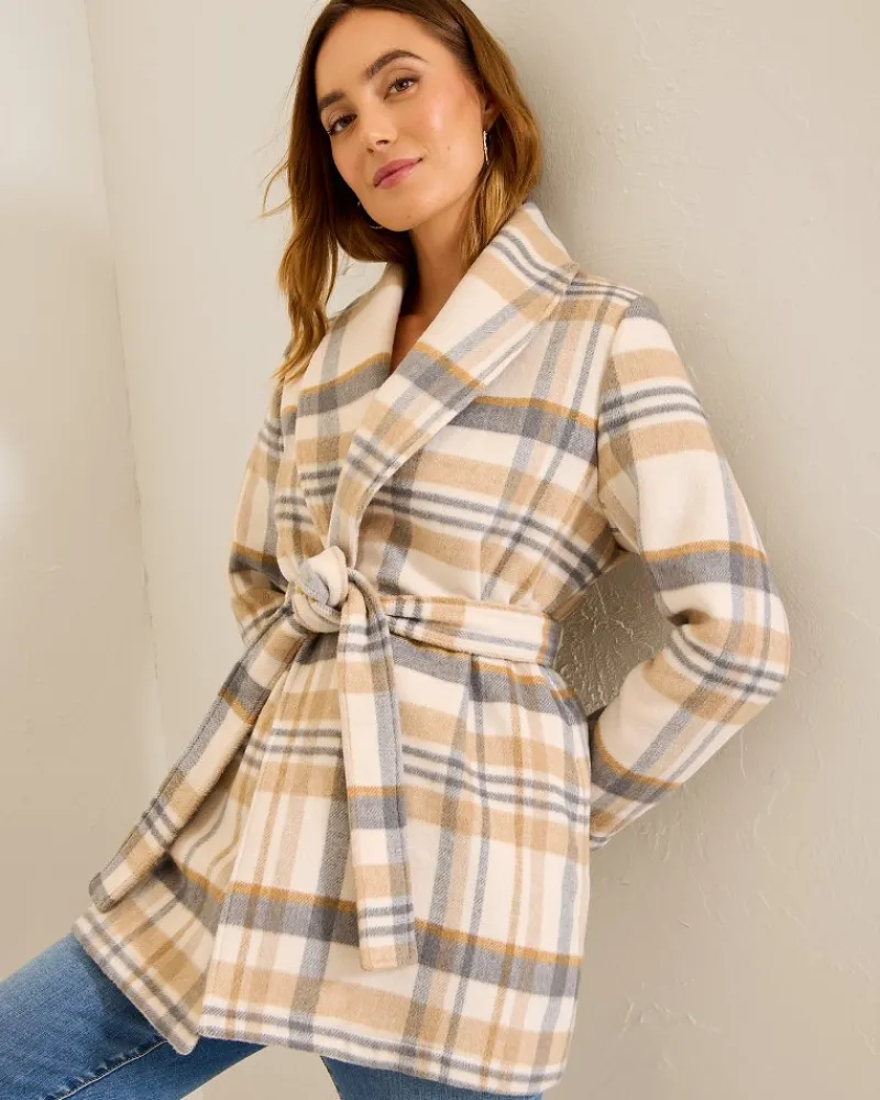 Tommy Bahama Wooly Plaid Wrap Coat Neutral Best
